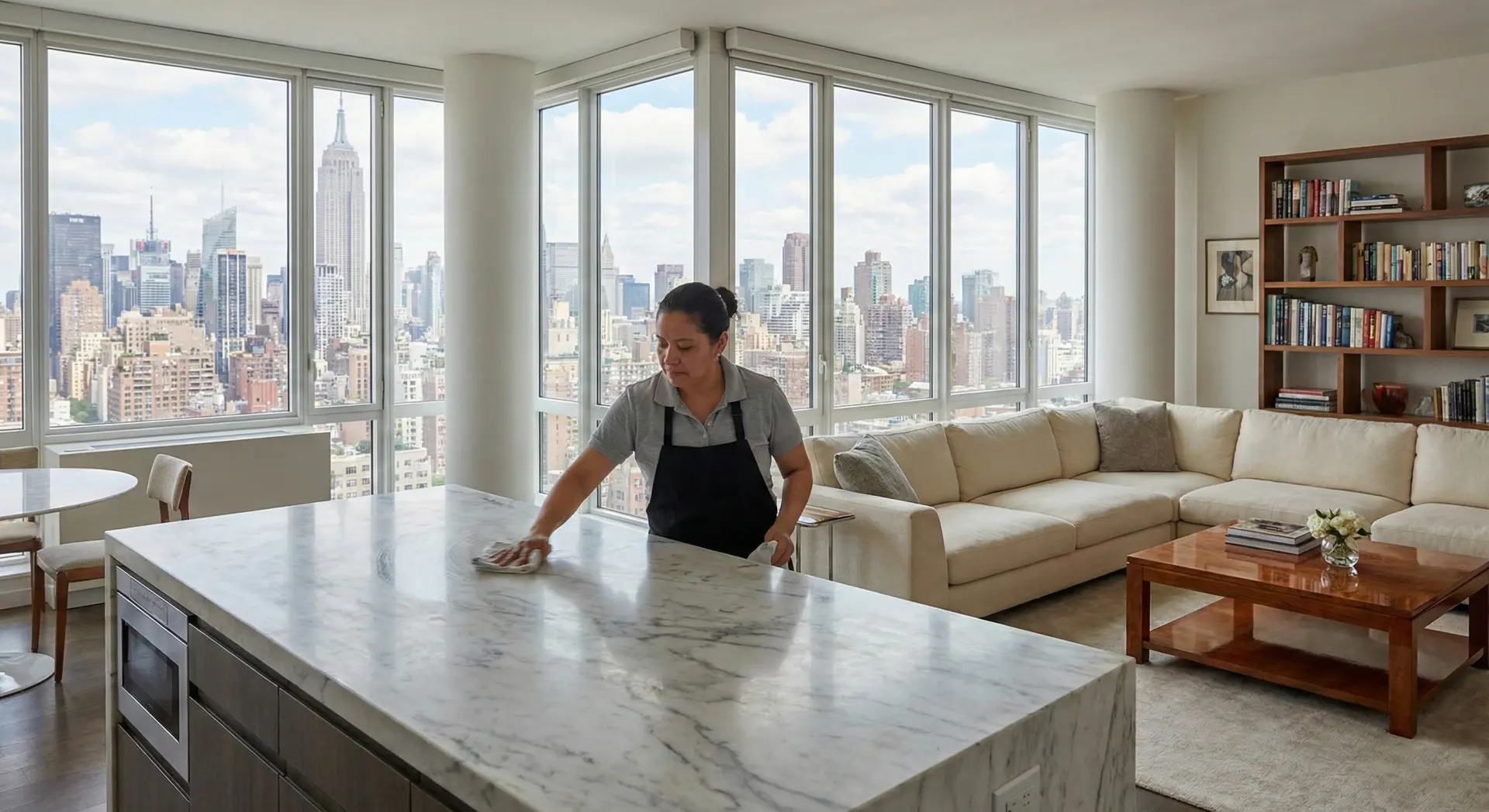 Housekeeping service in a luxury Manhattan apartment with skyline views