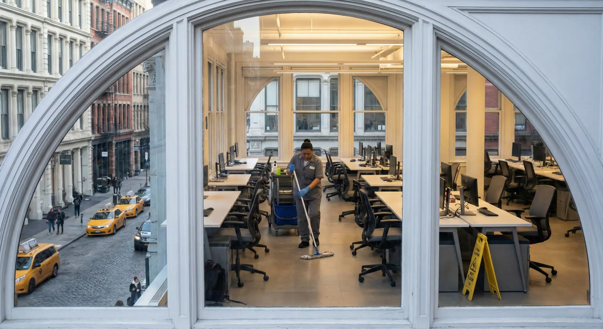 Professional office cleaning in a SoHo commercial space with iconic arched windows